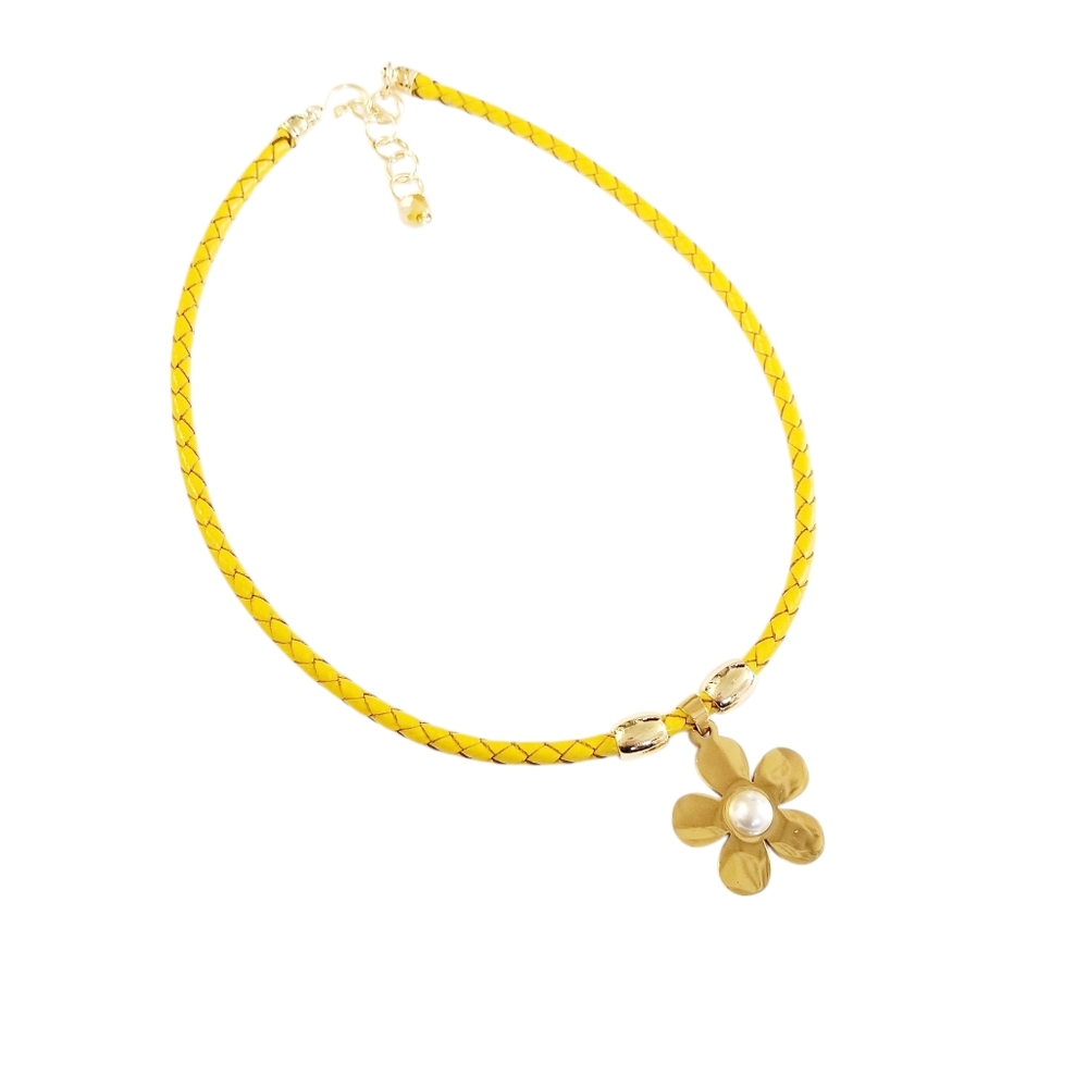 Yellow Braided Leather Necklace with Gold  Plated Flower Pendant
